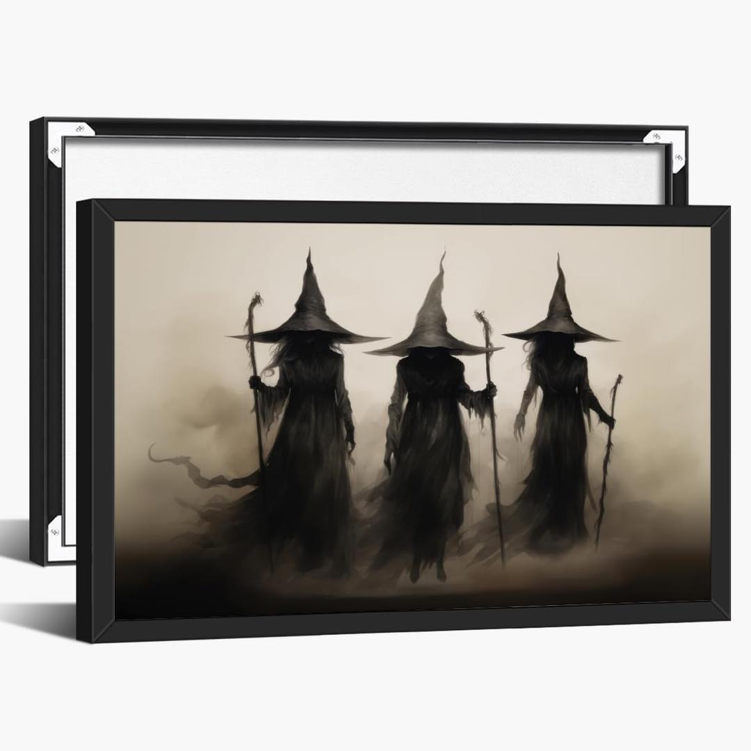 Vintage Halloween Three Witches Posters Witchy Canvas Prints Dark Academia Wall Art Goth Decor Rustic Witch Poster Horror Spooky Moody Aesthetic for Living Room Bedroom Home 8x12inch black framed (8L" x 12W")