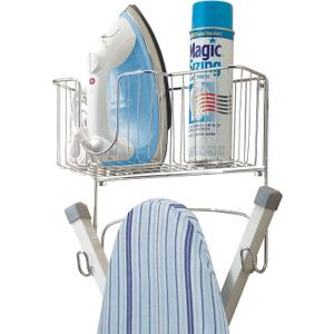 mDesign Metal Steel Ironing Board Holder Wall Mount with Large Storage Basket for Laundry Rooms - Holds Iron, Ironing Board, Spray Bottles, Starch, or Stain Sticks - Easy Installation - Chrome