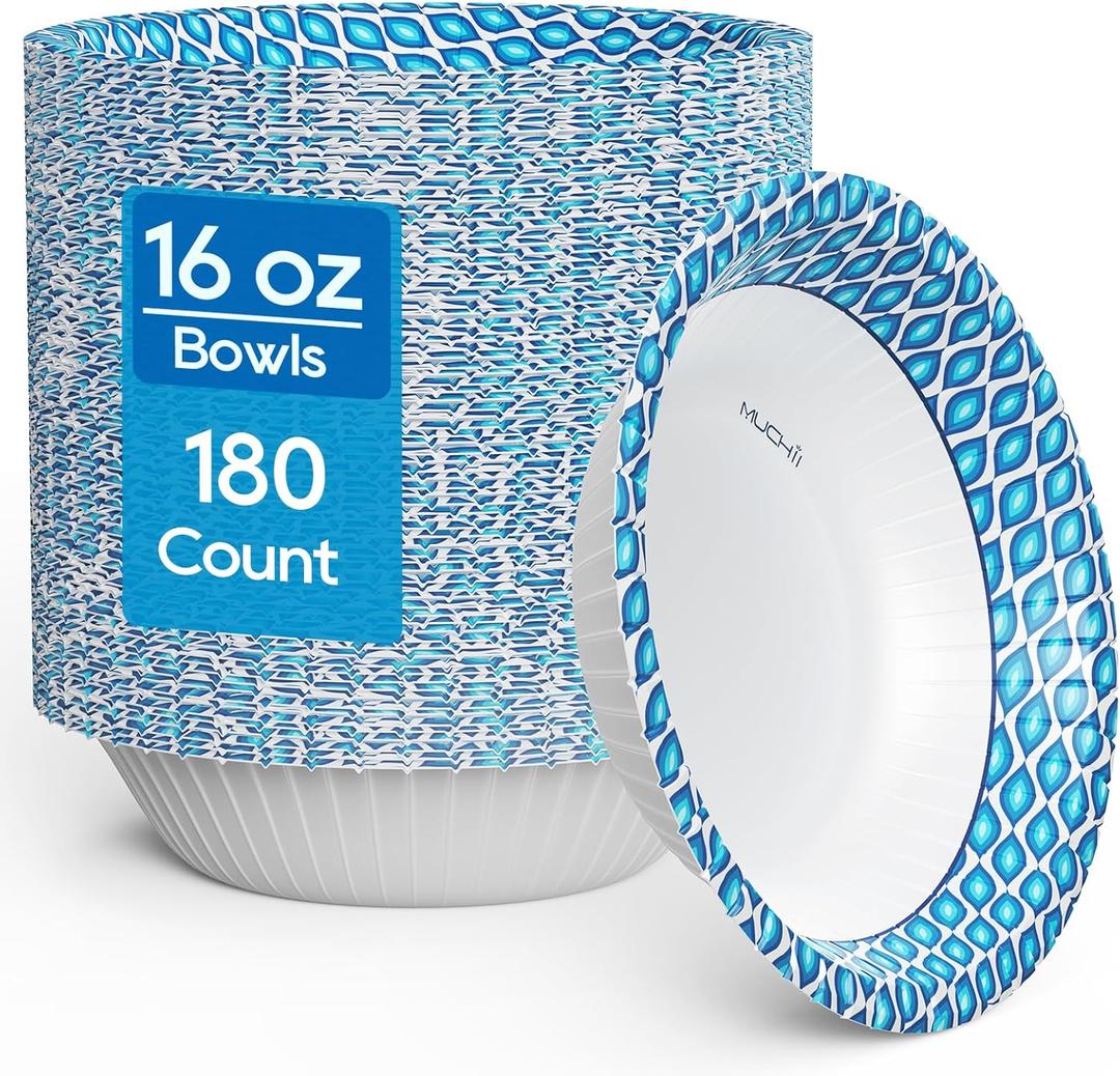 MUCHII 180 Count Paper Bowls 16 oz, Printed Soak Proof Disposable Bowls Bulk for Breakfast, Lunch, and Dinner Meals