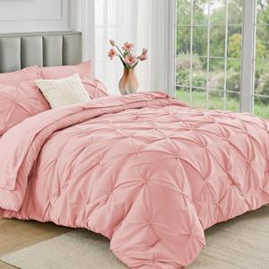 JOLLYVOGUE Queen Comforter Set 7 Pieces - Bed in a Bag Queen for All Season, Pintuck Bedding Comforter Sets with Comforter, Flat Sheet, Fitted Sheet and Pillowcases & Shams, Pink