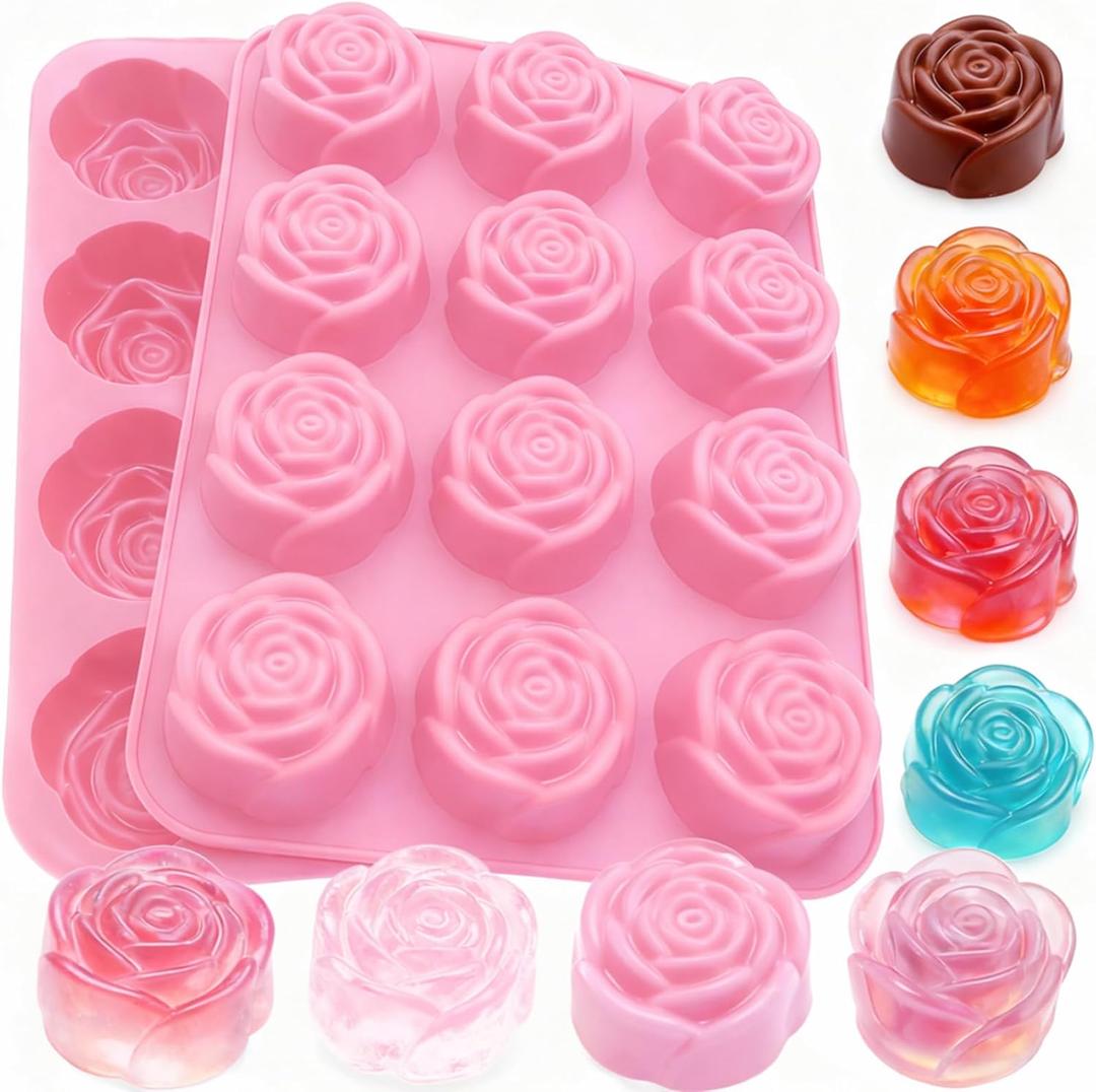 2 Pack Rose Silicone Mold Rose Flowers Shaped Silicone Molds 24-Cavity Valentine's Day Roses Chocolate Mold Nonstick Molds for Baking Cupcake Pan Chocolate Pudding Candy Ice Cube Candles Soaps (Pink)