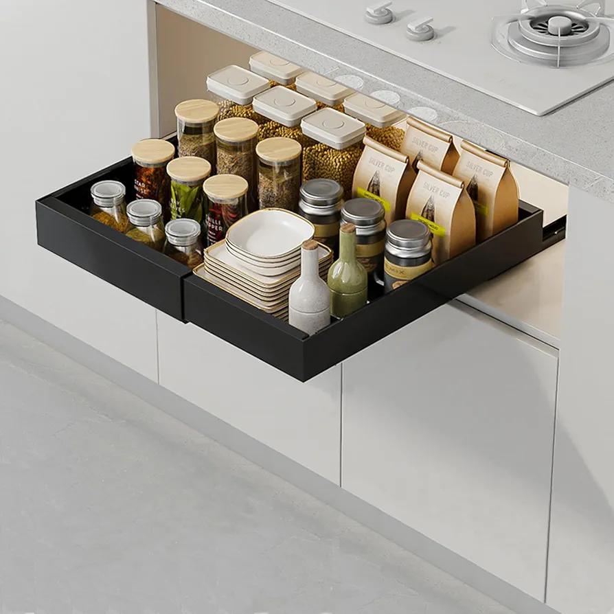 No Screw Adjustable Adhesive Pull out Cabinet Drawers,Expandable Peel & Stick Slide out Shelf, No Drill Stick on Sliding Roll out Cupboard (2 Pcs black(for cabinets with partition), 12.6-20.5”)