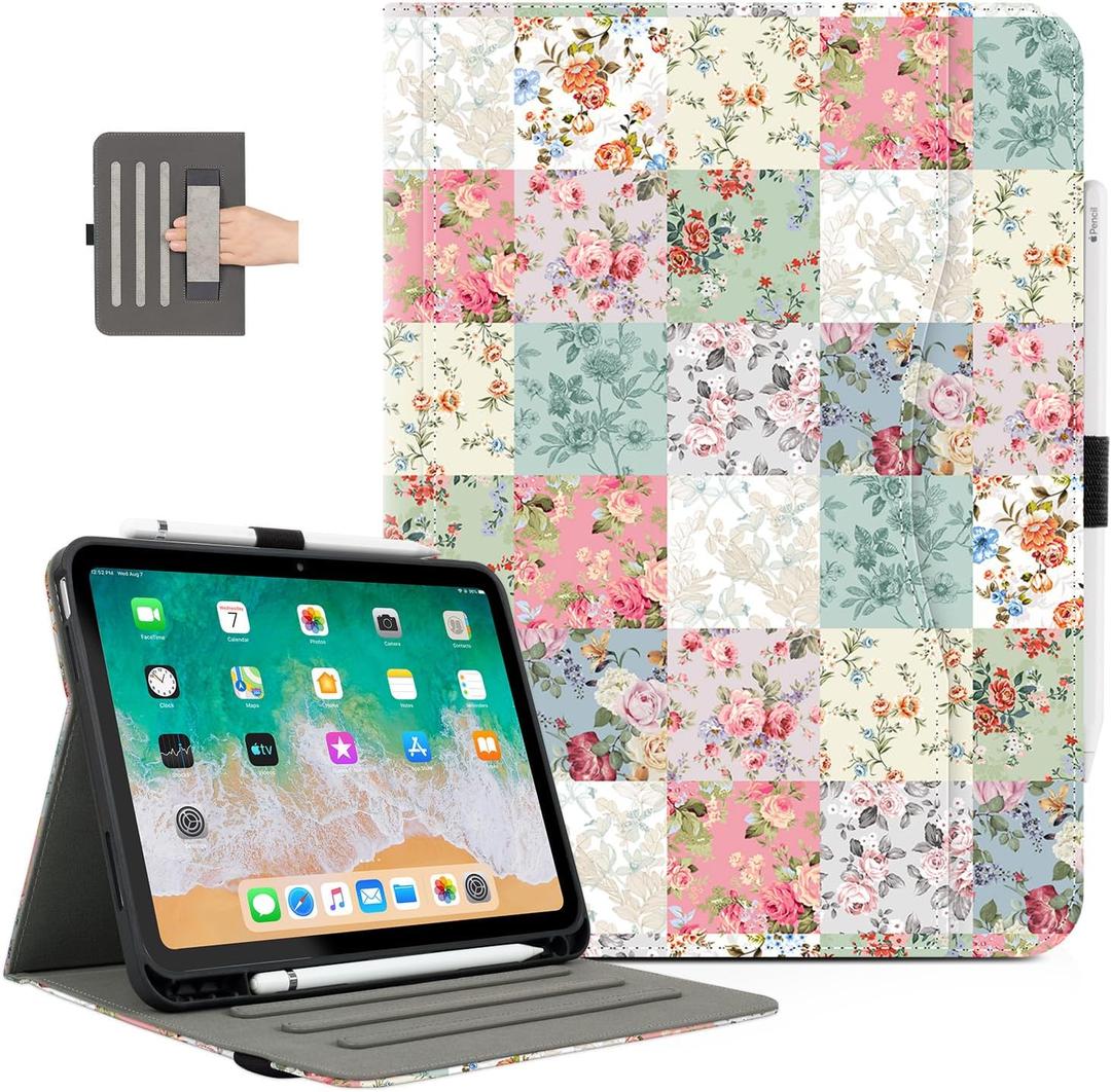 for iPad (A16) Case 11th Generation 2025, iPad 10th Generation Case Kids Men Women Shockproof with Pencil Holder, Multi-Angle Adjustable Stand View Pocket/Hand Strap/Auto Wake Sleep Patchwork Floral