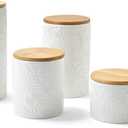 American Atelier Embossed Canister Set 4-Piece Ceramic Set Jar Container with Wooden Lids for Cookies, Candy, Coffee, Flour, Sugar, Rice, Pasta, Cereal & More White