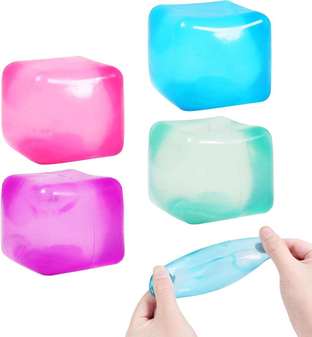 4pack Stress Cube Squishy Stress Balls for Kids Ice Cubes Squishy for Adults Fidget Toy for Your Best Mellow and Chill Square Shape with Filling in Pink Purple Blue Green for All Age(4pcs)