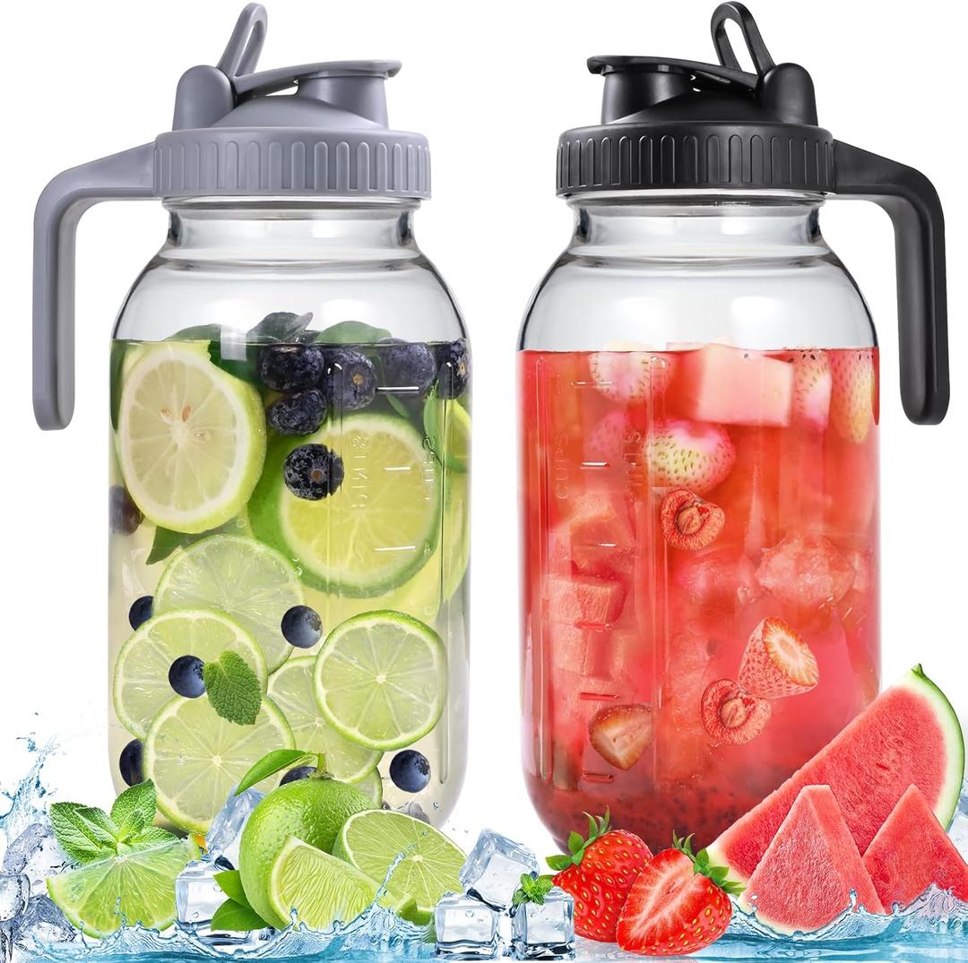 Glass Pitchers with Lid, Set of 2, 64OZ Leak-Proof Airtight Mason Jars, Wide Mouth Water Jugs for Cold Brew Coffee, Iced tea, Milk, Food Storage, Sun Tea Jar. (Black+Grey)