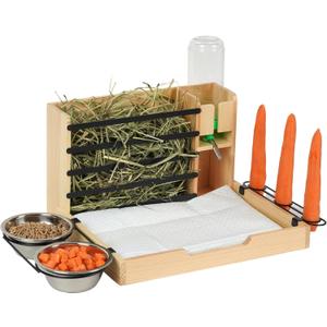 Rabbit Hay Feeder, 4 in 1 Wood Guinea Pig Hay Feeder Bunny Hay Holder with Litter Box 500ml Water Bottle 2 Food Bowl Small Animals Stuff for Cages for Chinchillas Hamster Dwarf Rabbit Ferrets