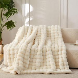 COOVA Faux Fur Throw Blanket for Couch, Cozy Soft and Fuzzy Plush Rabbit Fur Bubble Blanket for Sofa Bedroom Living Room, 60x80 Inches Ivory White