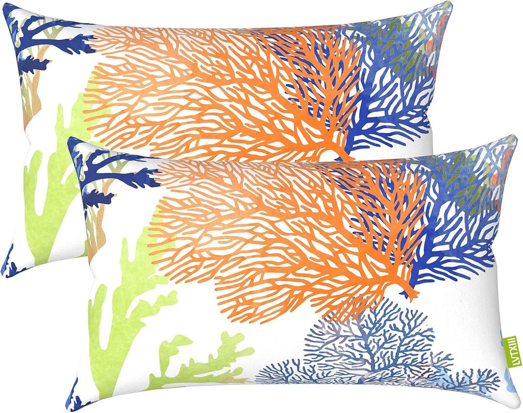 LVTXIII Outdoor/Indoor Lumbar Pillow Covers, Patio Fade Resistant Lumbar Pillow Cases ONLY, Tropical Lumbar Cushion Covers for Home and Garden Furniture Decor,12 x 20, Pack of 2, Coral Multi