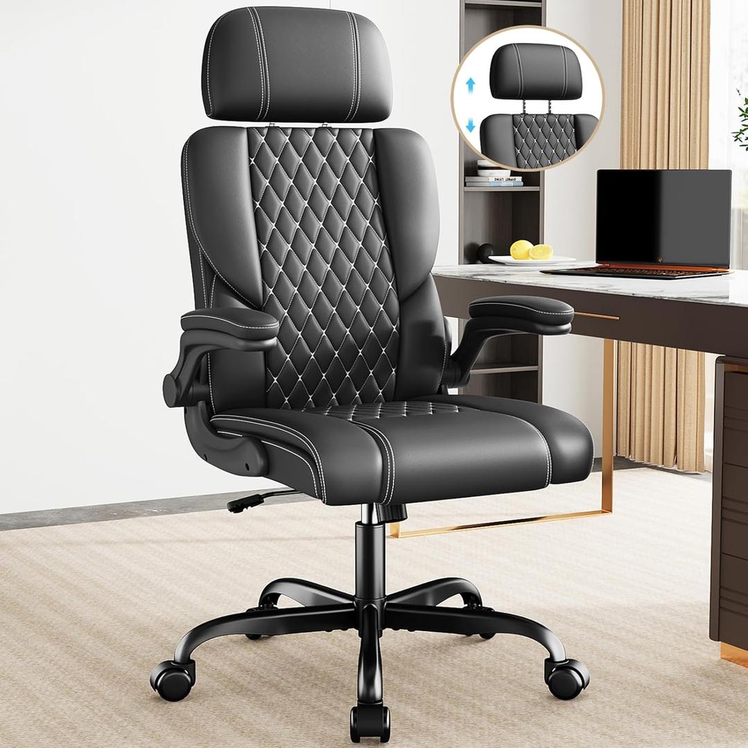 Sytas Executive Leather Office Chair, Comfy Desk Chair with Adjustable Headrest & Flip-up Padded Arms & Lumbar Support, Adjustable Hight and Tilt, Rolling Swivel Chair, Black