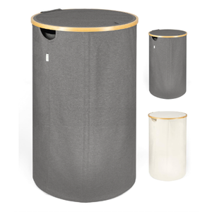 Lonbet - Grey Circular Laundry Baskets with Lid & and Inner Bag - XL 100 Litres - Large Washing Baskets for Laundry with Handles - Laundry Baskets for Bedrooms - Bamboo Bathroom Bin