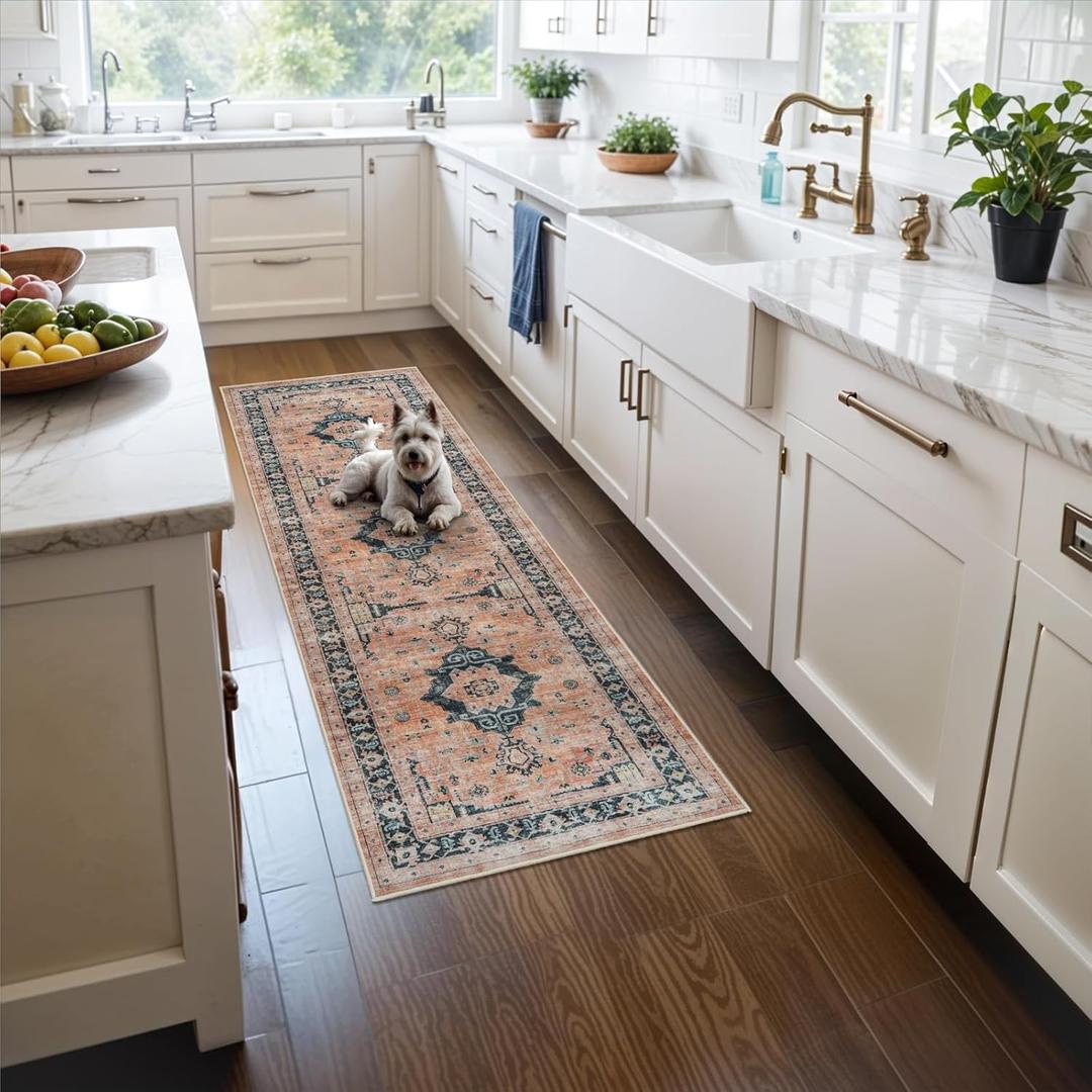 Washable 2x5 Hallway Runner Rug: Indoor Vintage Water Resistant Kitchen Entryway Rug Soft Living Room Bedroom Carpet Thin Low Pile Non Slip Floor Mat for Bathroom Laundry Dining Room(2X5,Orange)