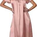 Ekouaer Women's Satin Silk Pleated Nightgown Loose Sleepwear Printed Nightshirt Short Sleeve Sleep Dress (Large, Pink)