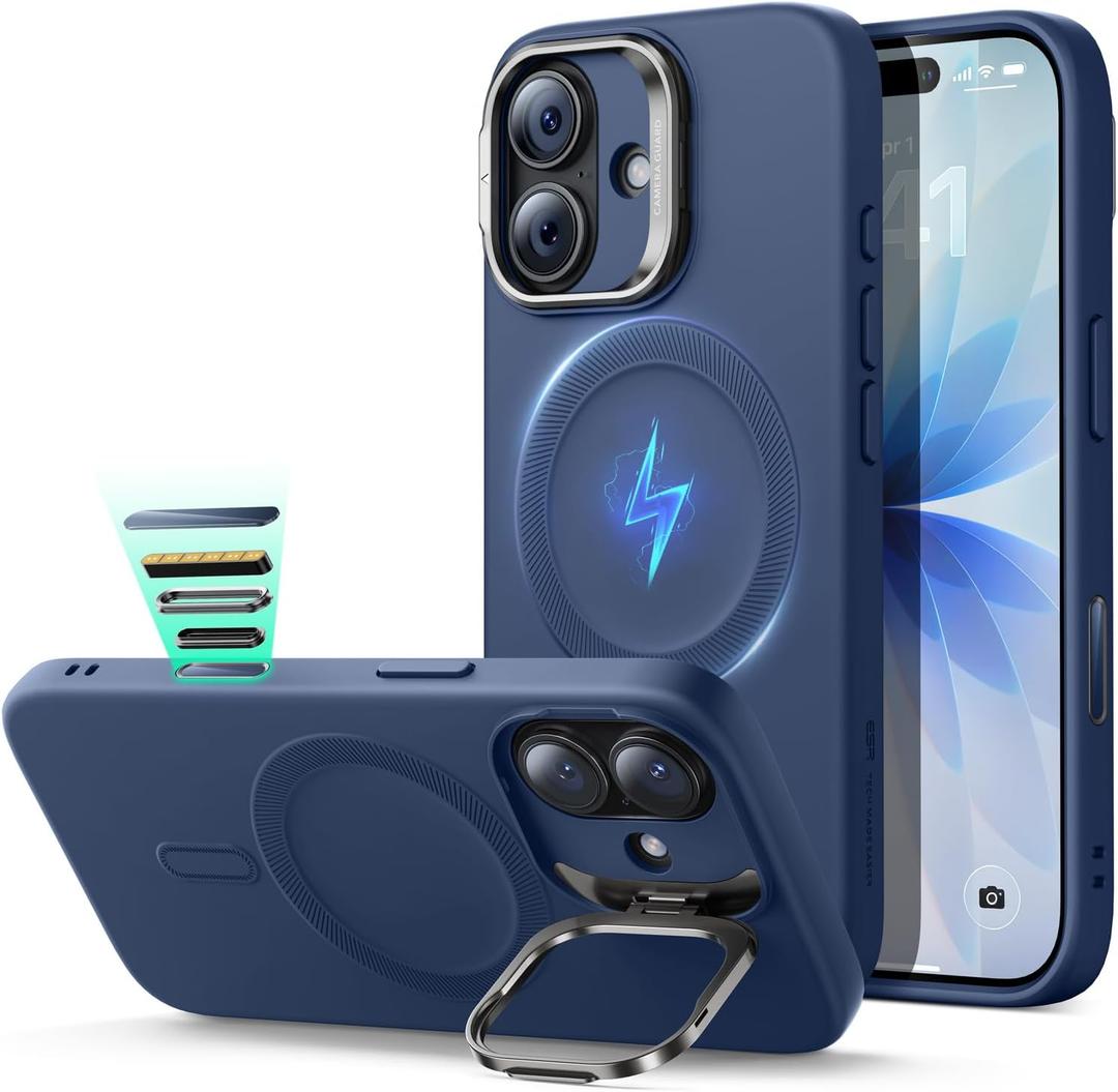 ESR Silicone Case for iPhone 17, Built-in Camera Stash Stand Compatible with MagSafe, Military-Grade Drop Protection Magnetic Phone Case for iPhone 17, Cloud Series, Navy Blue