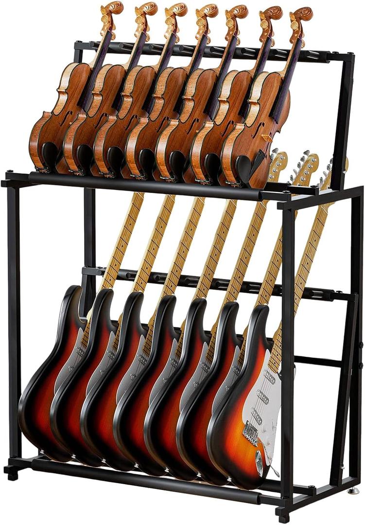 Multi Guitar Stand, Folding 14 Standing Floor Multiple Guitars Display Rack, Adjustable Guitar Storage Holder with Soft Sponge, Metal Guitars Display Detachable Into Two Separate Guitar Mounts.