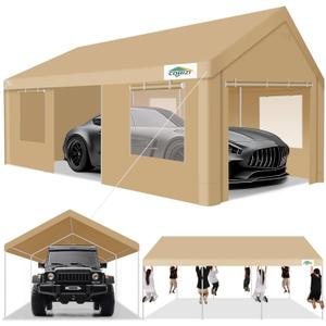 COBIZI 12x20ft Carport Heavy Duty, Portable Garage with 4 Removable Sidewalls, Ventilated Windows & Built-in Sandbags, Car Canopy for Truck, Boat, SUV with All-Season Tarp, Waterproof, Khaki