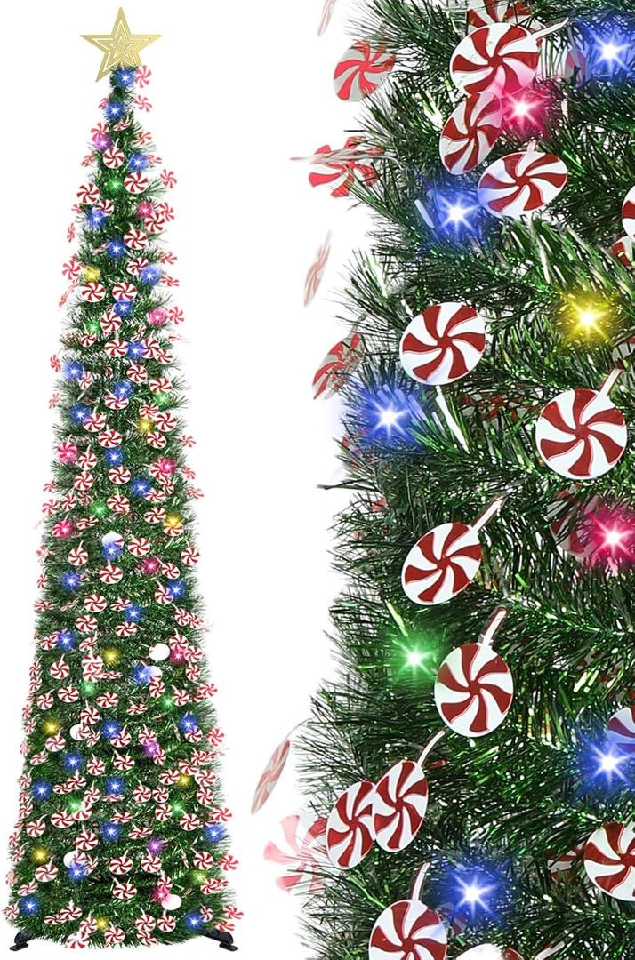 HMASYO 6 FT Pop Up Tinsel Christmas Tree with 100 Colored Timer Lights & Remote, Green Candy Collapsible Artificial Pencil Tree Xmas Decoration for Home, Office, Party, USB Powered, Easy Assembly