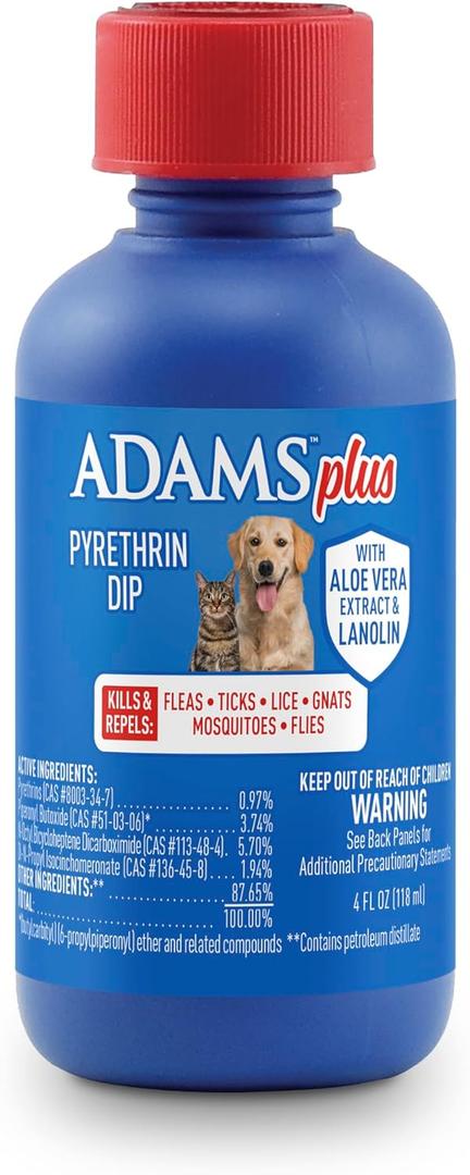 ADAMS Plus Pyrethrin Flea Dip for Dogs and Cats, Kills and Repels Fleas, Ticks, Lice, Gnats, Mosquitoes and Flies, for Dogs, Cats, Puppies, & Kittens, 4 Fl oz