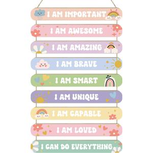 MONALET Pastel Boho Inspirational Wall Decor for Girls Kids Room Nursery Toddlers Playroom Classroom, Positive Affirmations Hanging Wooden Signs Decorations, I Am Loved Wall Art Wood Plaque 9Pcs 12x19