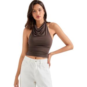 SUUKSESS Women Halter Backless Tank Tops Sexy Cowl Neck Summer Going Out Cami Tops (Brown) XS