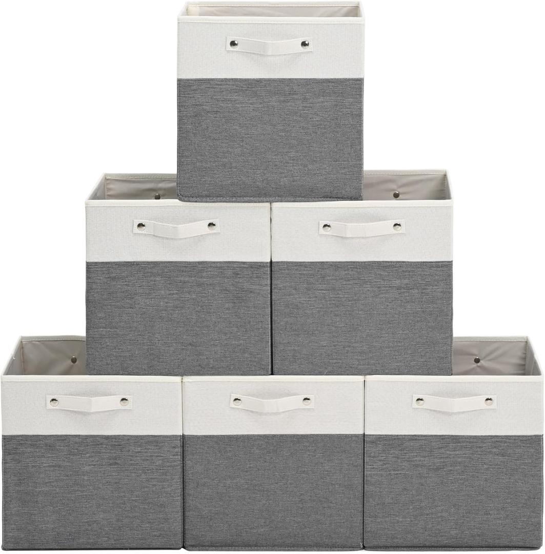 13 x 13 Inch Fabric Storage Cube Bins, 6 Pack Fine Linen Storage Boxes with Handles, Collapsible Basket Organizers for Shelves (White/Grey) (13inX13inX13in-6P, WhiteGray)