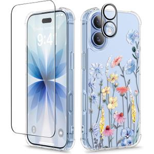 GVIEWIN for iPhone 17 Case, with Screen Protector+Camera Lens Protector, [NonYellowing] Clear Floral Slim Shockproof Protective Hard PC Back Women Phone Case for iPhone 17 6.3", Aconite/Light Blue