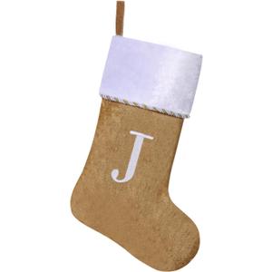 19.5 Inches Initial Monogram Christmas Stocking,Gold & White Velvet Embroidered Gold Letter Stocking with Gold Rope Decoration,Xmas Fireplace Holiday Party Decor(Gold Letter J)