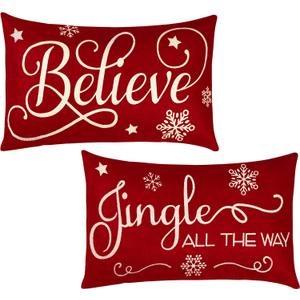 2 Pieces Christmas Pillow Covers 12 x 20 Inch Xmas Believe Throw Pillow Cases Red Cushion Cover Rectangle Xmas Linen Pillowcases for Home Bedroom Couch Sofa Christmas Decorations
