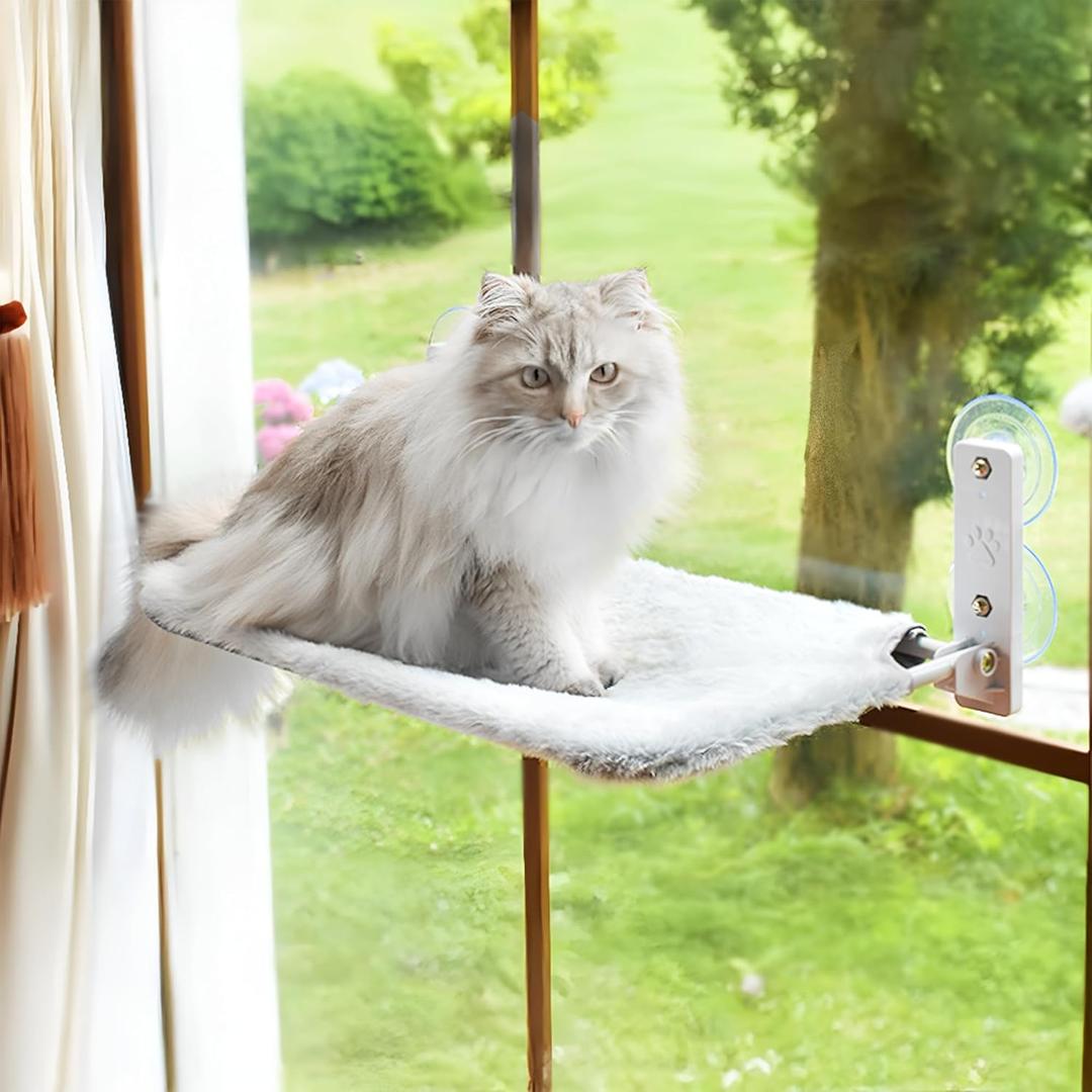 Cat Window Perch Hammock | Window Cat Bed Seat | Foldable Cordless Glass Ledge | Space-Saving Sill Extender | Heavy-Duty Frame | Strong Suction Mount | Reversible Machine-Washable Cover