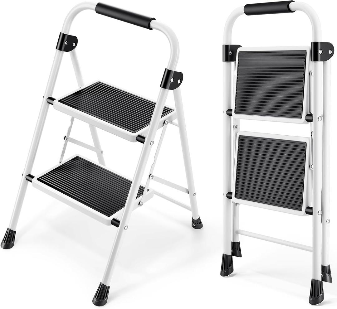 KINGRACK 2 Step Ladder, Folding Step Stool with Anti-Slip and Wide Pedal, Lightweight Stepladder with Handrails, Portable for Kitchen, Household, 330LBS, White