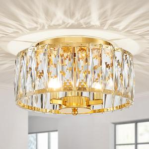 Gold Ceiling Light, Suitable Flush Mount Ceiling Light for Living Room, Dinning Room Hallway, D11.8''  H6.1'', 3 G9 Sockets, Gold Finish Frame & K9 Crystal