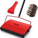 JEHONN Carpet Floor Sweeper Manual with Horsehair, Non Electric Quite Rug Roller Brush Push for Cleaning Pet Hair, Loose Debris, Lint (Red)