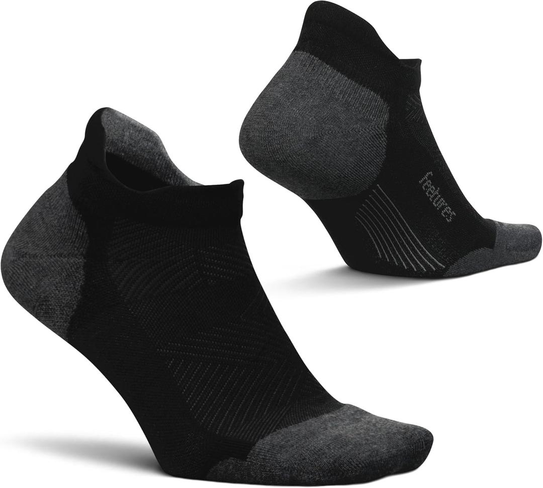 Feetures Elite Max Cushion No Show Tab Ankle Socks - Sport Sock with Targeted Compression (New Black (1 Pair))