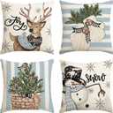 AVOIN colorlife Christmas Snowman Reindeer Gloves Eucalyptus Blue Throw Pillow Covers, 18 x 18 Inch Winter Holiday Stripes Cushion Case Decoration for Sofa Couch Set of 4