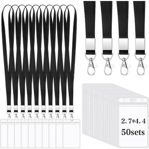 50 Set ID Badge Holder with Lanyard, Black Lanyard with Vertical Waterproof ID Card Holder for Workers Students Teachers Nurse