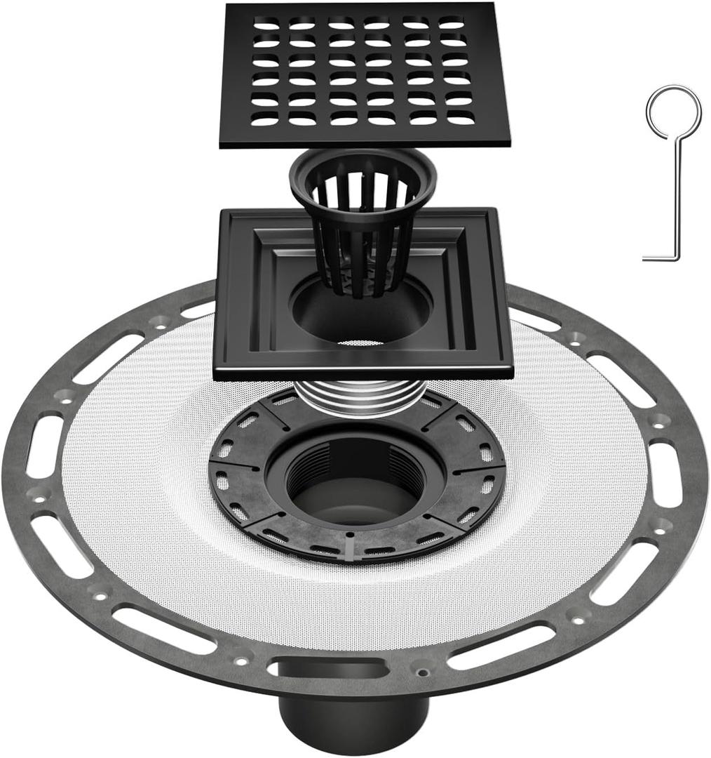 4 Inch Square Shower Drain Black with PVC Bonding Flange, Bonding Drain Shower Flange Kit 304 Stainless Steel Drain Grate for Low Profile Tiles, CUPC Certified