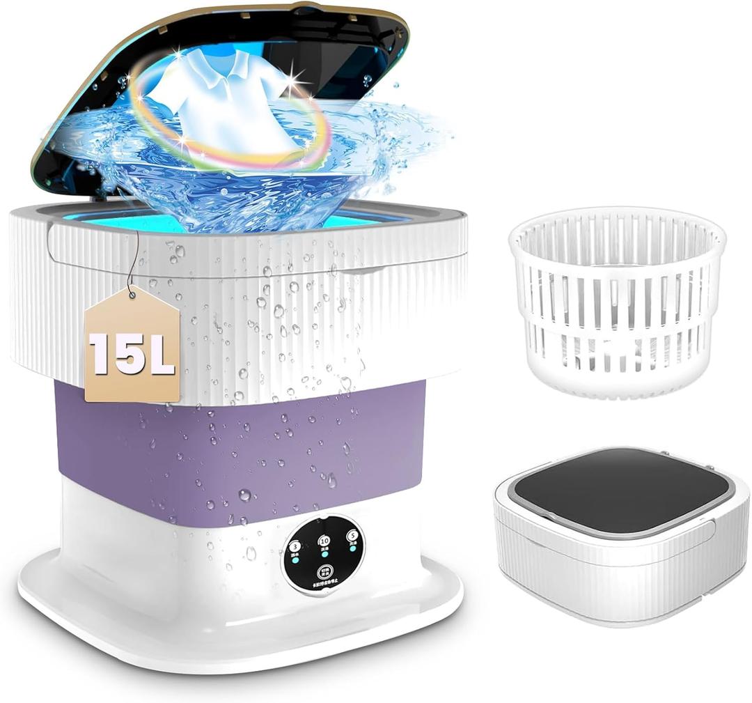 Portable Washing Machine, 15L Upgraded Mini Washing Machine and Spin Basket Deep Cleaning of Baby Clothes or Underwear, Small Foldable Washing machine for Apartments, Camping, Travel Laundry (PURPLE)
