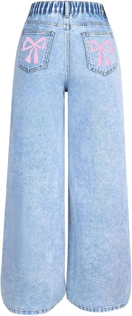 WDIRARA Girl's Bow Print Wide Leg Baggy Jeans Y2k Elastic High Waist Denim Pants (Light Blue)