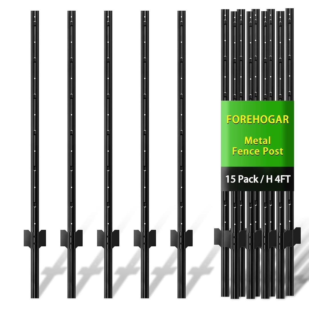 FOREHOGAR Metal Fence Post 4 Feet Black, Pack of 15, T Post for Wire Fence, No Dig Steel U Post Fencing for Lawn Garden Wire Mesh Fence Poles Sign Outdoor Light Duty