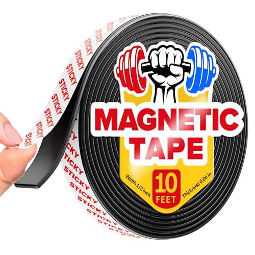 Sticky Magnetic Tape (10 feet x 1/2 inch) - Stong Magnet Strip with Adhesive Backing for DIY & Crafts - Easy to Cut and Mount on Fridges, Whiteboards & More