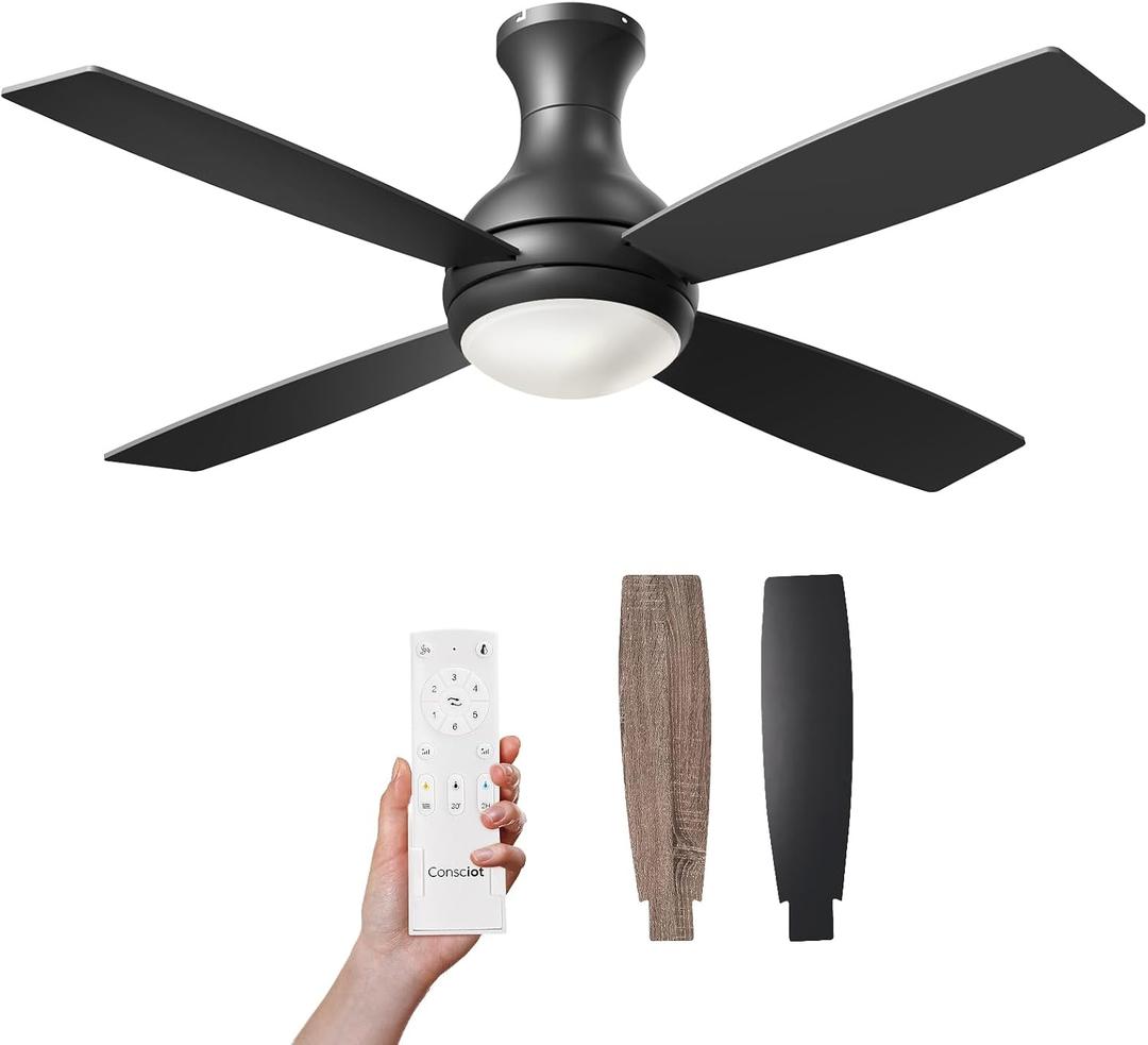 Consciot 52 Inch Ceiling Fan With Lights, Modern Black Ceiling Fan, Remote Control, Quiet Reversible DC Motor, Flush Mount, Dimmable 3CCT LED Light, Double Finish Blade, For Indoor Bedroom Living Room