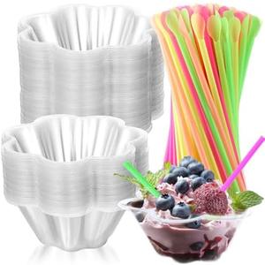Eaasty 200 Pcs 8 oz Shaved Ice Cups Ice Cream Cups with Spoon Straws Plastic Dessert Reusable Flower Shaped Bowls Easy Grip, Slush Shaved, Pudding, Summer Holiday Party (Clear)