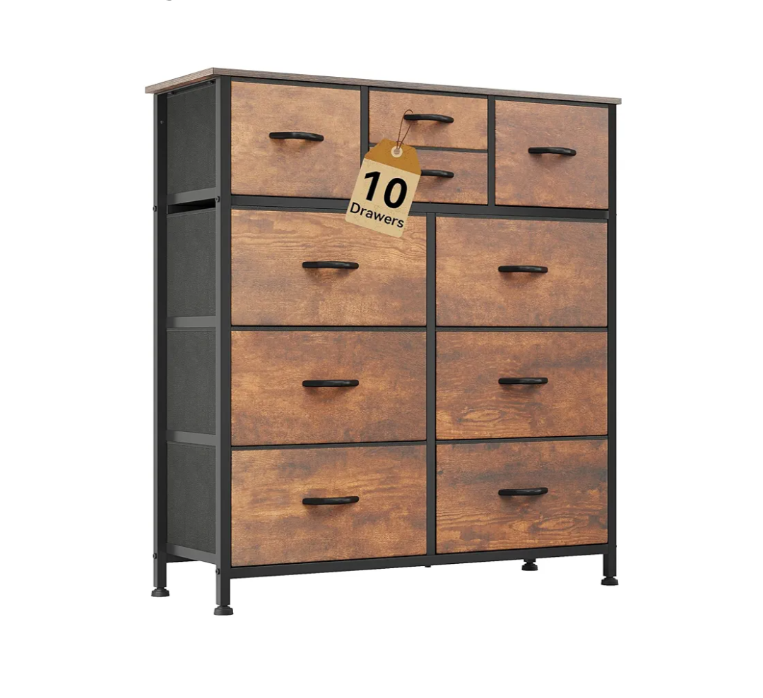 DWVO Dresser with 10 Drawers - Fabric Storage Tower, Organizer Unit for Living Room, Hallway - Sturdy Steel Frame, Wooden Top & Easy Pull Fabric Bins