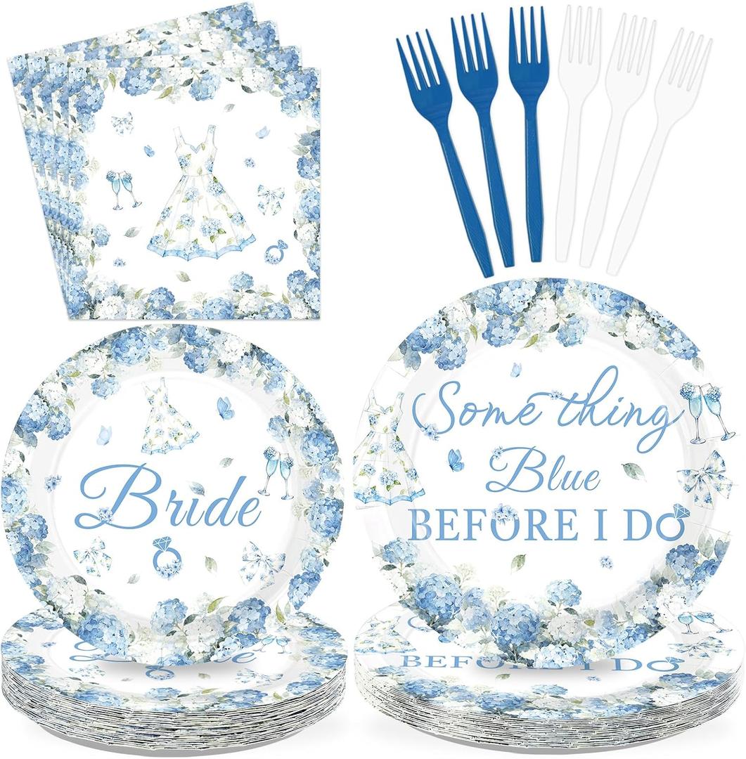 96Pcs Hydrangea Bridal Shower Party Supplies Something Blue Before I Do Paper Plates and Napkins Blue White Floral Hydrangea Tableware Sets for Wedding Engagement Bachelorette Party Supplies Serves 24