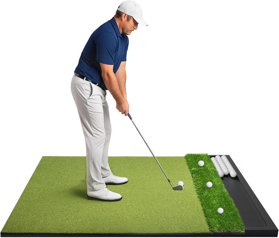 Golf Hitting Mat with Ball Tray 5x4ft - 6x4ft Dual-Turf Practice Mat for Indoor & Outdoor Use Golf Training Mat with Rubber Tee Holes, Suitable for Swing Driving & Chipping, 5 x 4 ft - 1.02"