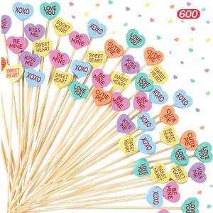 Maxcheck 600 Pcs Valentine's Day Cocktail Picks 4.7" Assorted conversation Hearts Bamboo Toothpicks Food Skewers for Appetizers Fruit Sticks for Party Decoration, 6 Styles(Colorful,Heart)