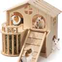 Guinea Pig Hideout, Wooden 2-Tier Guinea Piggy Castle House Habitat Accessories with Removable Ladder Food Bowl & Hay Rack Easy to Assemble for Small Animal Hamsters Syrian Hamsters Gerbils Rats