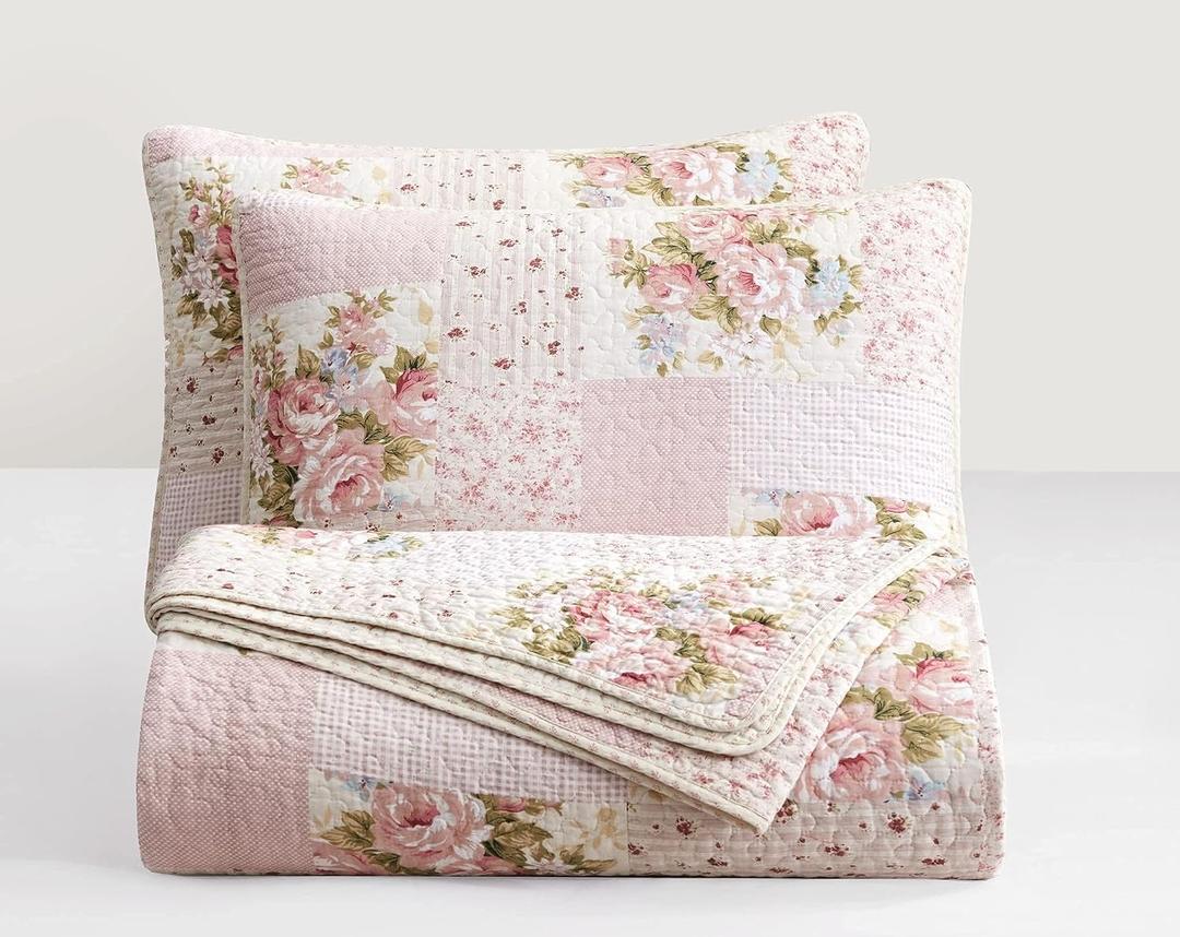Chezmoi Collection Rosy 3-Piece Printed Patchwork Cotton Quilt Set, Oversized King - Pink Flower Floral Striped Polka Dots - Stone Washed Lightweight Bedspread