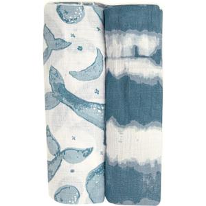 Crane Baby Soft Muslin Swaddle Blankets, Soft Swaddle Wraps for Boys and Girls, Blue Tie-Dye and Whale, 2 Count, 47" x 47"