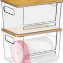 Trash Bag Dispenser 2 Pack, Acrylic Garbage Bags Dispenser with Bamboo Top, Extra Large Trash Bag Holder Dispensers Under Sink for Kitchen, Cabinet, Laundry Room, Pantry Organizer and Storage (Clear)
